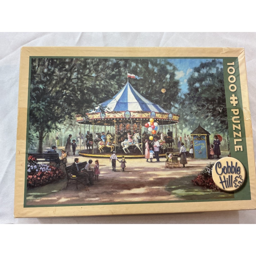 Used Cobble Hill Carousel1000 PieceJigsaw Puzzle Nostalgic Park Scene Blue Board